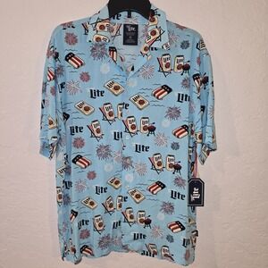 NEW Miller Lite Beer Summer Pool Floatie fireworks Short Sleeve Button Up Sz S